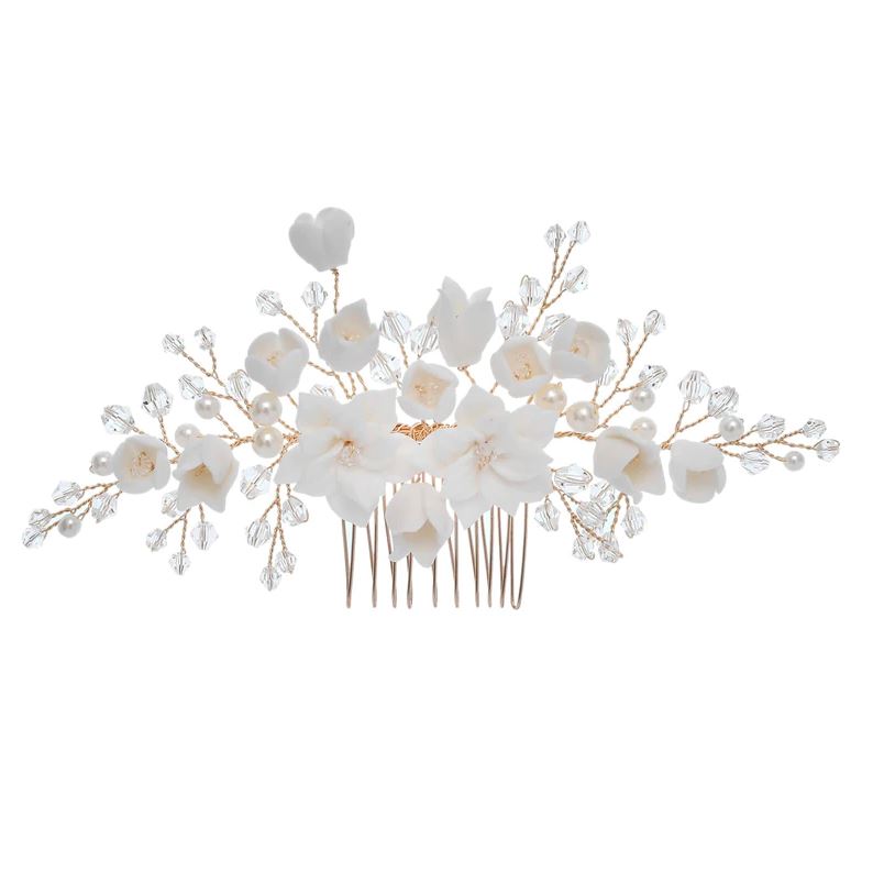 White and Gold Ceramic Bridal Hair Comb