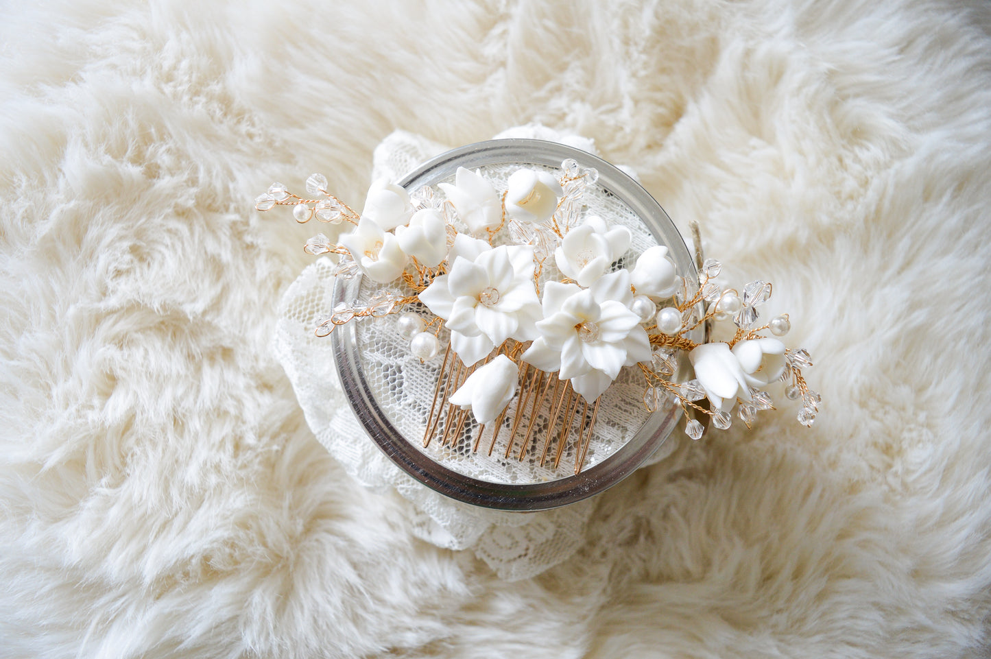 White and Gold Ceramic Bridal Hair Comb