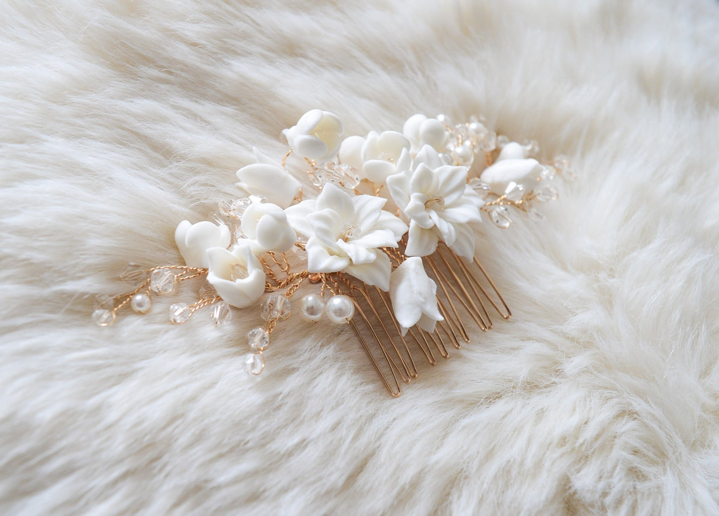 White and Gold Ceramic Bridal Hair Comb