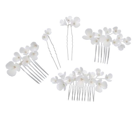5-piece set White Ceramic Bridal Hair Pins