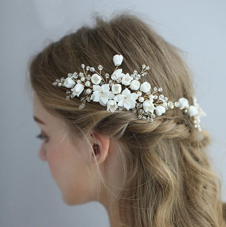 White and Gold Ceramic Bridal Hair Comb