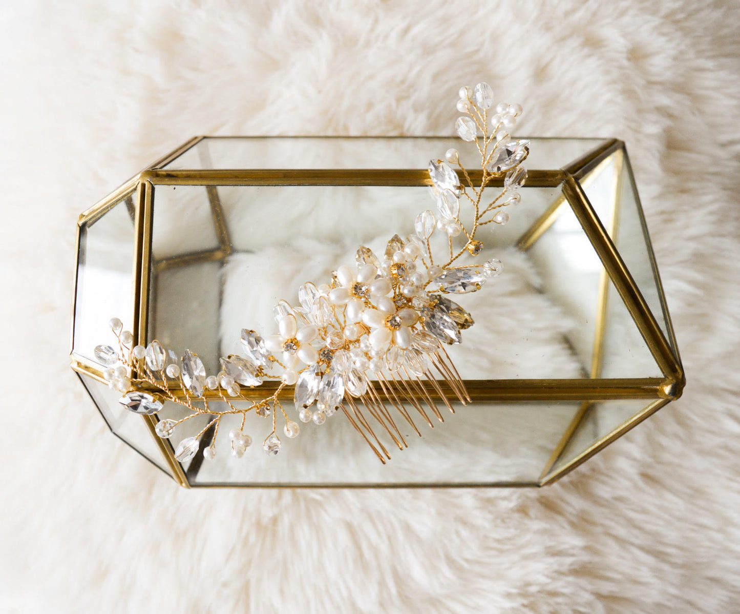 White and Gold Crystal Bridal Hair Comb